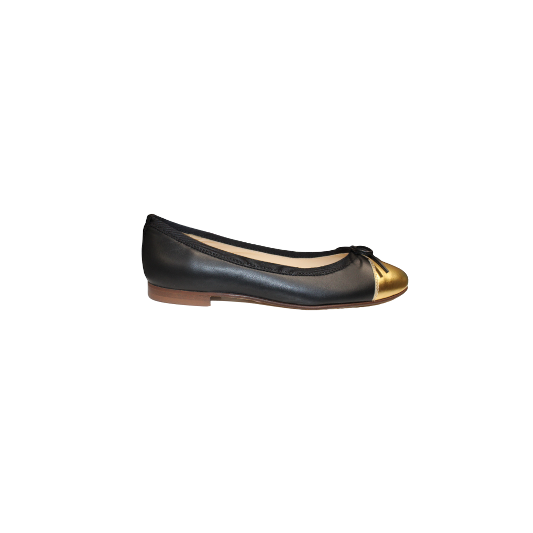 FS- Fiona black leather with gold Ballet Flats - 9 / Black/Gold