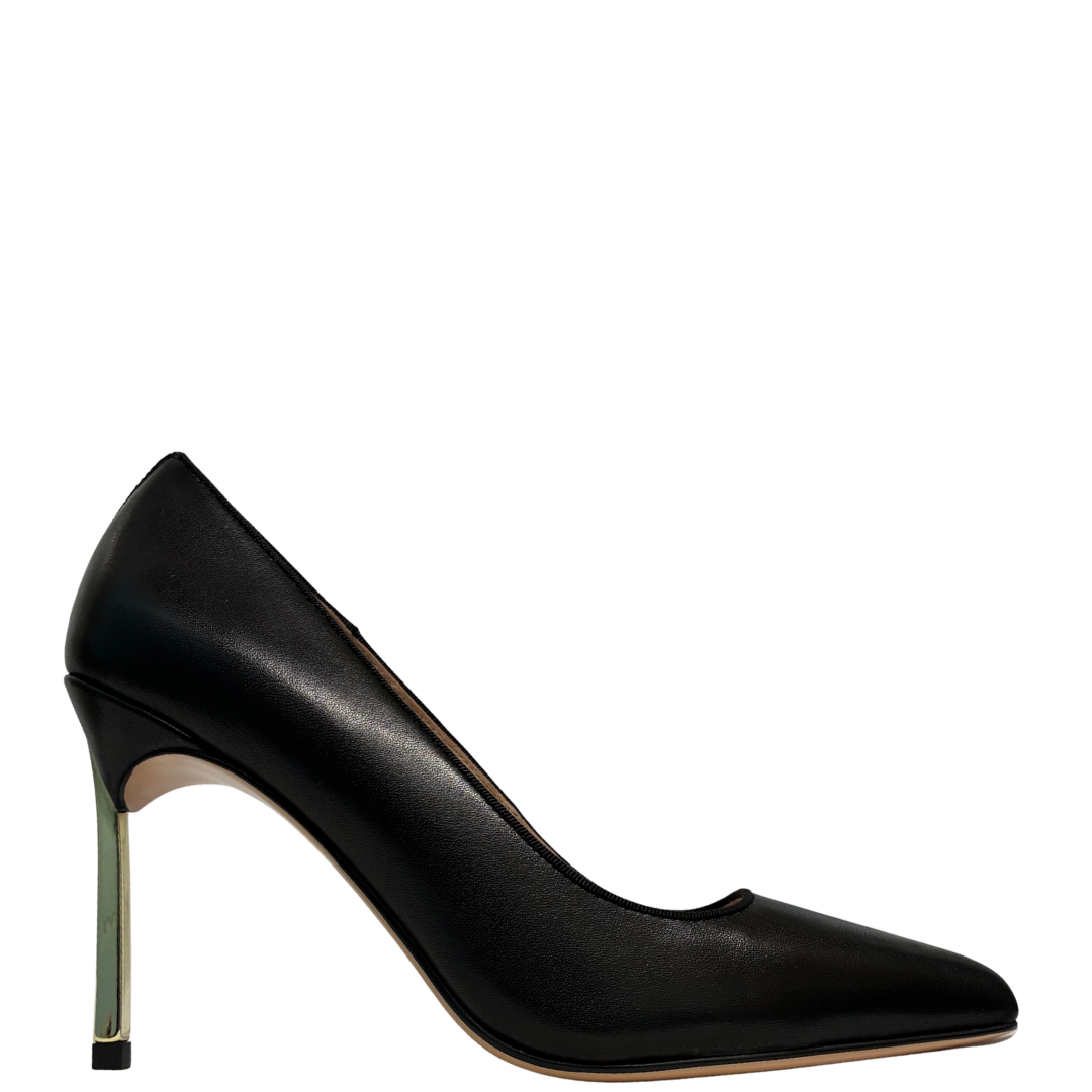 Viviamos Rome Ladies Black Leather Spike Gold Heel