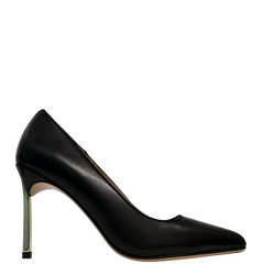Viviamos Rome Ladies Black Leather Spike Gold Heel