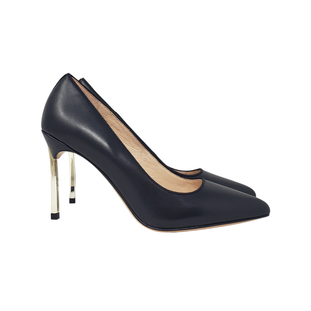 Viviamos Rome Ladies Black Leather Spike Gold Heel