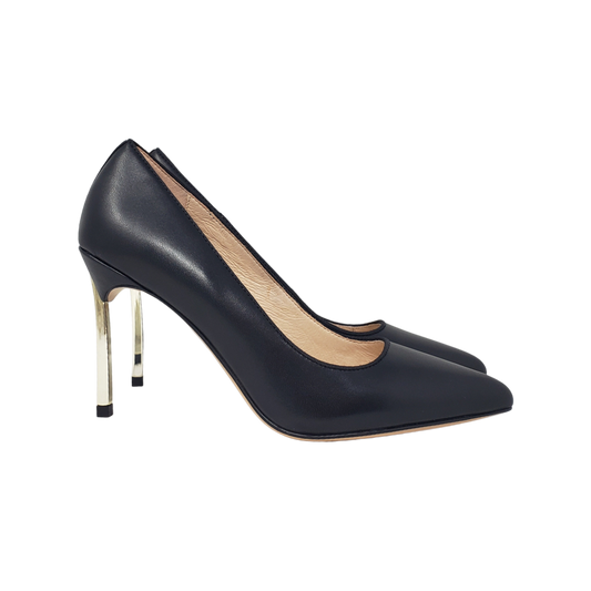 Viviamos Rome Ladies Black Leather Spike Gold Heel