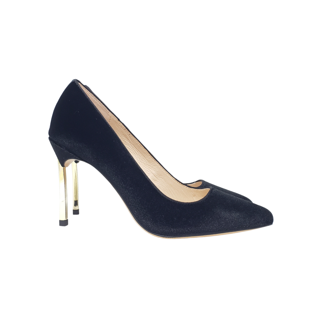 Viviamos Rome Ladies Black Velvet Spike Gold Heel