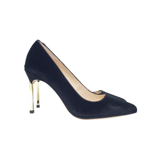 Viviamos Rome Ladies Black Velvet Spike Gold Heel