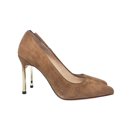 Viviamos Rome Ladies Camel Suede Spike Gold Heel