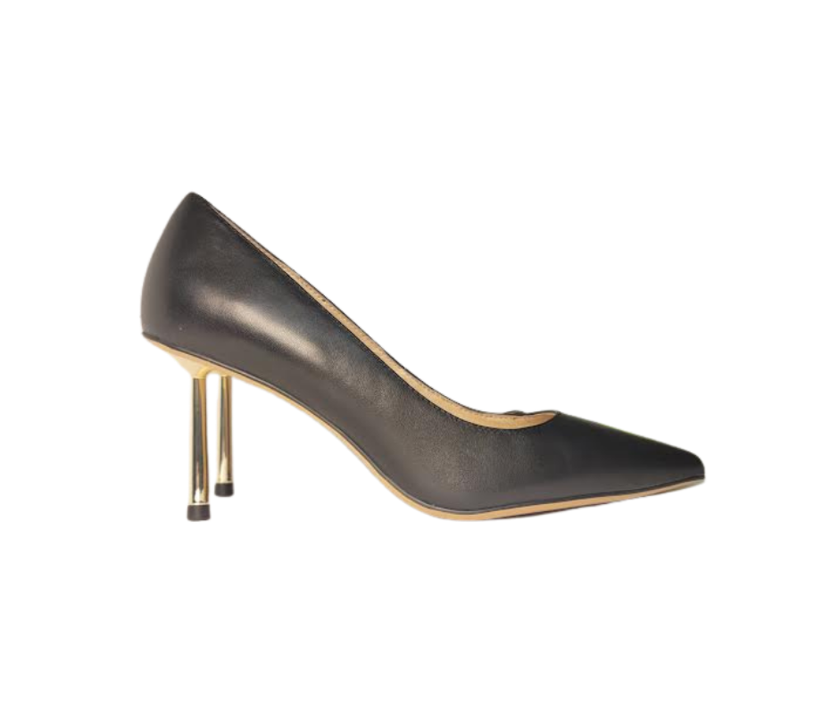 Viviamos Shine Ladies Black With Gold Leather Heel