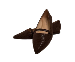 Viviamos Haren Brown Crocodile-Embossed Suede Flat