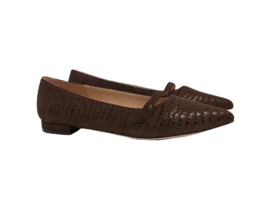 Viviamos Haren Brown Crocodile-Embossed Suede Flat