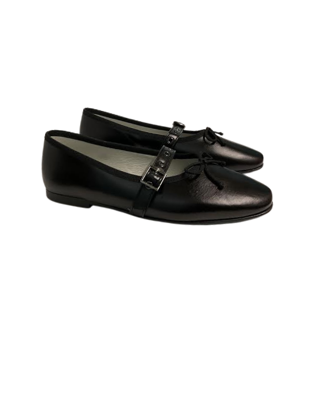 Luccin J281 Black Leather Strap/Buckle Ballet Flats