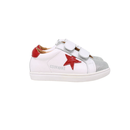 GIOVANNI WHITE SNEAKER WITH RED STARS AND SPARKLE SILVER TIP