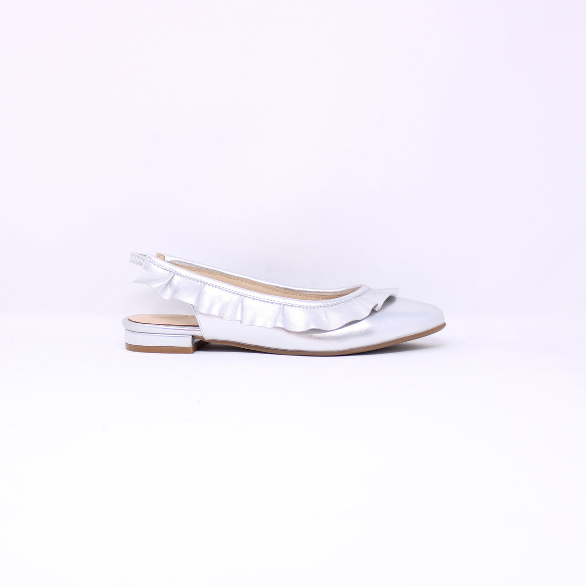 Jaffany Plete Silver Ruffle Slingback Flat Shoe - Frankel's Designer Shoes