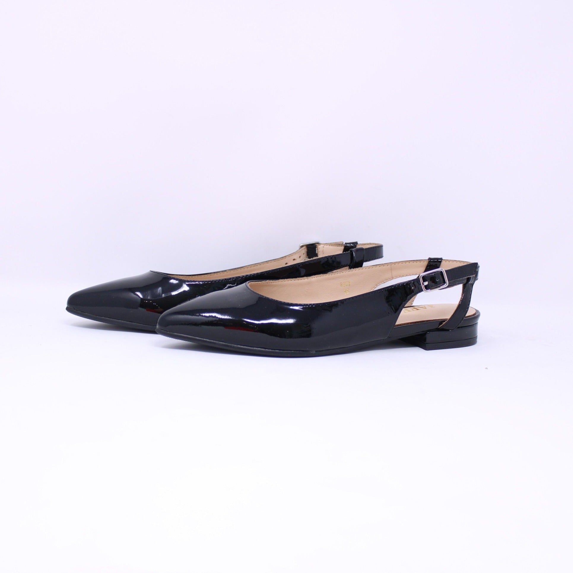 Jaffany Ricky Black Patent Slingback Flat Shoe - Frankel's Designer Shoes