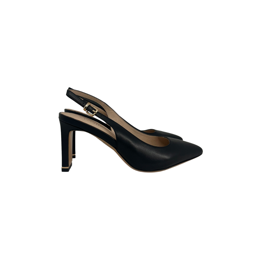 Viviamos Sage Sling Ladies Medium 2.5 IN. Black Leather Wafer Heel