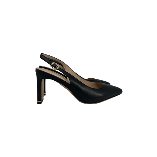 Viviamos Sage Sling Ladies Medium 2.5 IN. Black Leather Wafer Heel