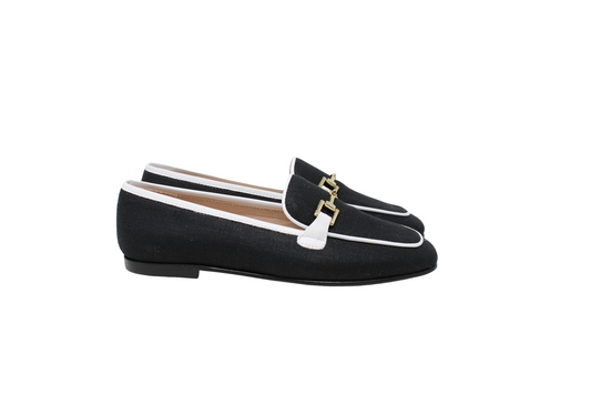 BEBERLIS CELIA BLACK/WHITE FABRIC LOAFER WITH CHAIN
