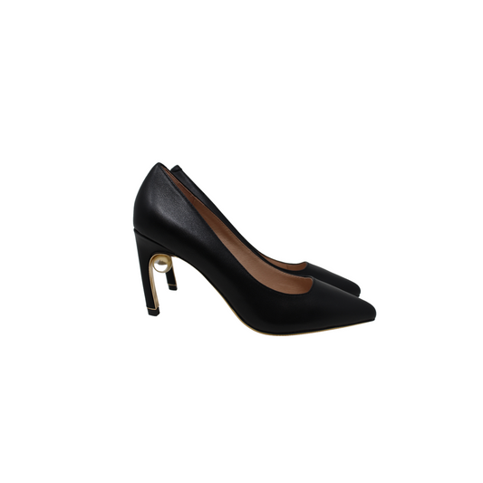 Viviamos Paris Black Leather Ladies Spike Heel with Pearl