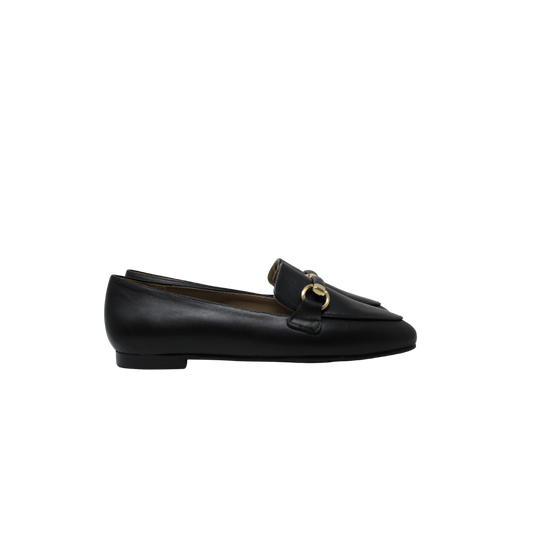 Brunella 408 Ladies Black Leather Loafer Black/Gold Buckle