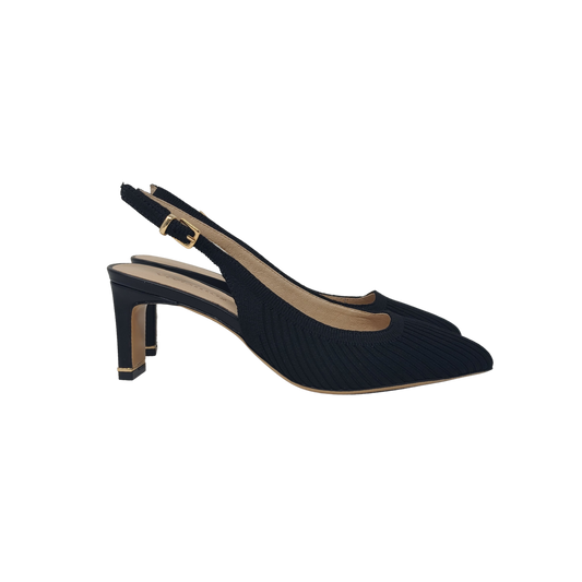 Viviamos Sage Sling Ladies Low Black Knit Wafer Heel