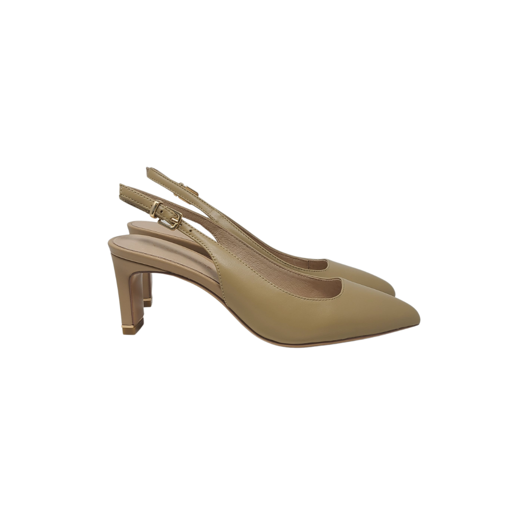 Viviamos Sage Sling Ladies Nude Leather Low Wafer Heel